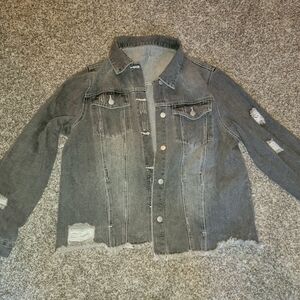 Distressed Gray Denim Jacket - Washed Black/Grey